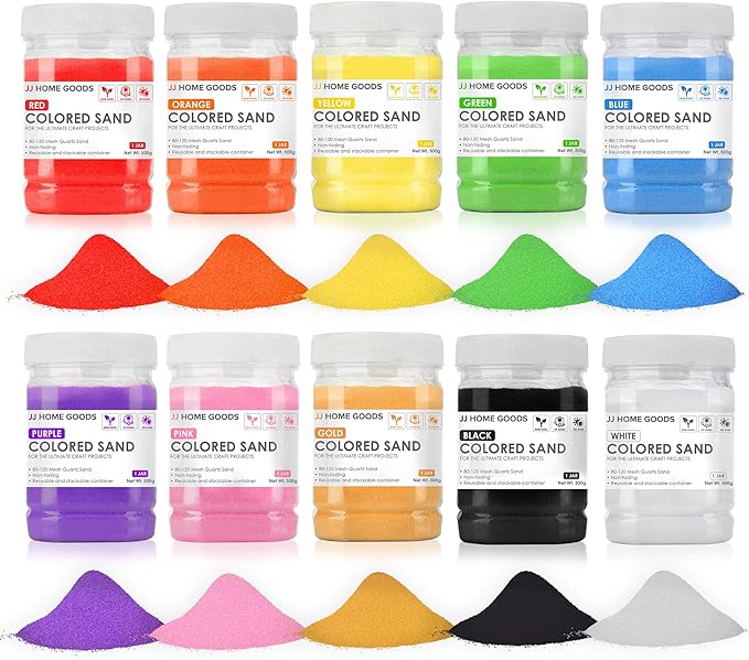 JJ CARE Colored Sand, 11 lbs. [10 Bottles] Craft Sand Art Kit for Kids 3 Years Above, Non-Toxic Color Sand Art Bulk, UV Stable Colorful Sand for Crafts, Wedding & Decorations, Kids Art Sand