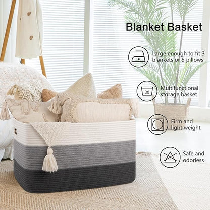 OIAHOMY Large Blanket Basket For Living Room, Rectangle Woven Baskets for Storage, Nursery Toy Storage With Handle-22”x17”x12”-Gradient Dark Grey