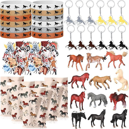 106 Pc Horse Party Favors Set - Supplies Include 20 Bags, 12 Silicone Bracelets, 12 Keychains, 12 Mini Toys & 50 Stickers for Horse Party