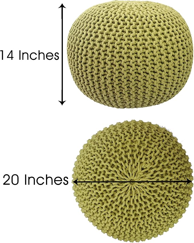 COTTON CRAFT - Hand Knitted Cable Style Dori Pouf - Green - Floor Ottoman - Cotton Braid Cord - Handmade & Hand Stitched - Truly one of a Kind Seating - 20 Dia x 14 High