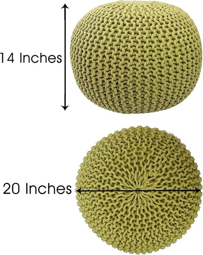 COTTON CRAFT - Hand Knitted Cable Style Dori Pouf - Green - Floor Ottoman - Cotton Braid Cord - Handmade & Hand Stitched - Truly one of a Kind Seating - 20 Dia x 14 High
