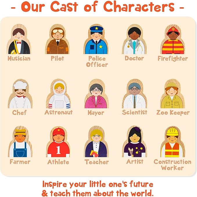 Little Professionals Wooden Character Set - Cute Wood Block People Toys for Kids & Toddlers - Open Ended STEM Pretend Play & Educational Games for Children, Boys & Girls (15-Pieces)