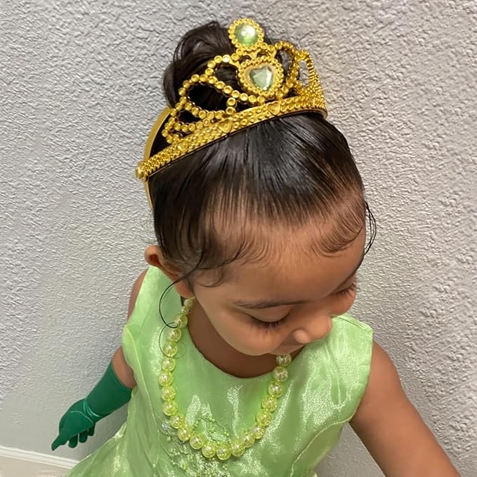 Princess Dress Up Accessories Gold Crown and Wand Set with Girls Jewelry Necklace Gloves Bracelet Princess Costume Accessories Set for Little Girls Party Birthday and Halloween(Green,Set of 5)