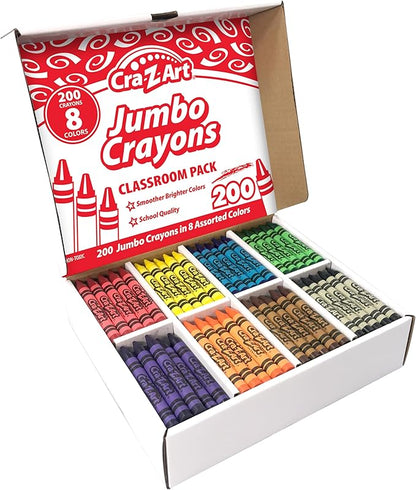Cra-Z-Art Jumbo Crayon Bulk Class Pack 200ct 8 Assorted Colors, 25 Jumbo Crayons in Each Color, Back To School Supply List Essential, Bulk Pack for School Supply Rooms and In Class For Teachers