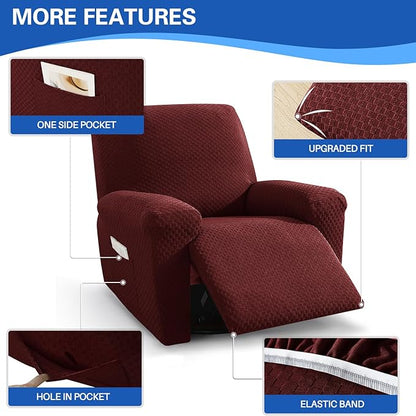 MAXIJIN Recliner Cover Slipcovers for Living Room 4 Pieces Stretch Jacquard Recliner Chair Cover Soft Fitted Recliner Protector with Elastic Bottom for Kids, Pets (Recliner, Wine Red)