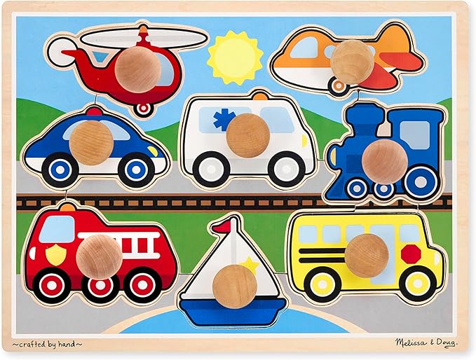 Melissa & Doug Vehicle Jumbo Knob Puzzle, Wooden Peg Puzzle for Toddlers, Educational Toy for Shape Recognition and Fine Motor Skills, Ages 1+