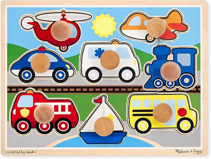 Melissa & Doug Vehicle Jumbo Knob Puzzle, Wooden Peg Puzzle for Toddlers, Educational Toy for Shape Recognition and Fine Motor Skills, Ages 1+