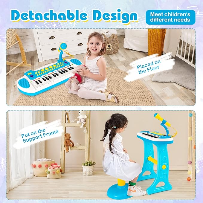Costzon 31-Key Kids Piano Keyboard Toy, Toddler Electronic Musical Instrument Educational Toy w/Microphone, Multiple Sounds, Record Playback, Lights & Stool, Birthday Gift for Girls Boys Age 3+, Blue