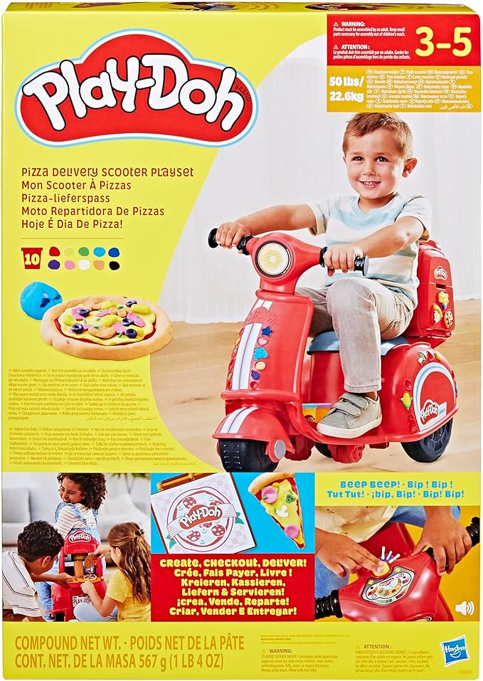 Play-Doh Pizza Delivery Scooter Playset, Large Ride-On Play Food Preschool Toys, Toy Pizza Set for Kids, Arts & Crafts for Boys & Girls, Ages 3+