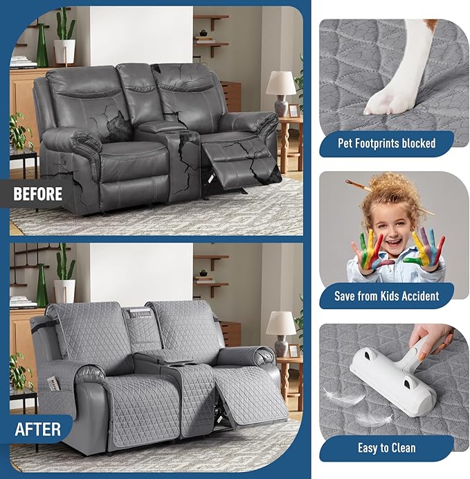 TAOCOCO 100% Waterproof Recliner Cover -Loveseat Recliner Cover with Center Console,Non-Slip Reclining Couch Covers for 2 Seat,with Elastic Straps Pocket for Kids, Dogs(Light Gray, 2 Seater XL)