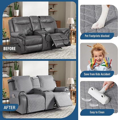 TAOCOCO 100% Waterproof Recliner Cover -Loveseat Recliner Cover with Center Console,Non-Slip Reclining Couch Covers for 2 Seat,with Elastic Straps Pocket for Kids, Dogs(Light Gray, 2 Seater XL)