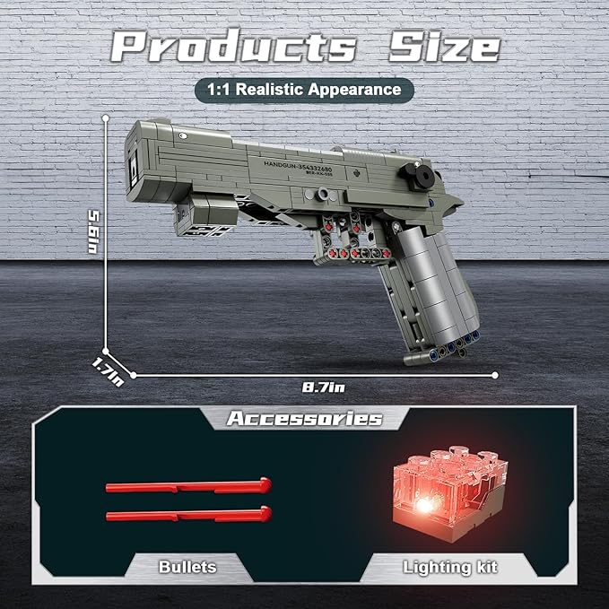 Finger Rock Gun Building Blocks Sets, 1:1 Simulation Shooting Toy M92F Pistol Model Building Kit, Rifle Weapon Collectible Gift for Military Enthusiasts, Adults Kids 14+ (360 pcs)