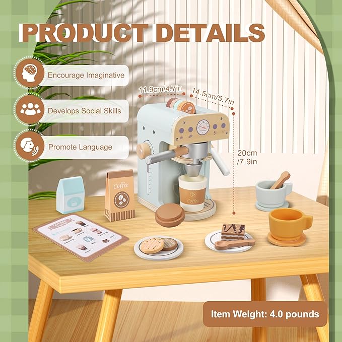 Kids Wooden Coffee Maker Toy, Wooden Play Kitchen Appliances & Accessories Toy for Kids Toddlers, Gift for Girls Boys