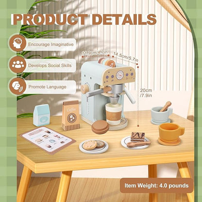 Kids Wooden Coffee Maker Toy, Wooden Play Kitchen Appliances & Accessories Toy for Kids Toddlers, Gift for Girls Boys