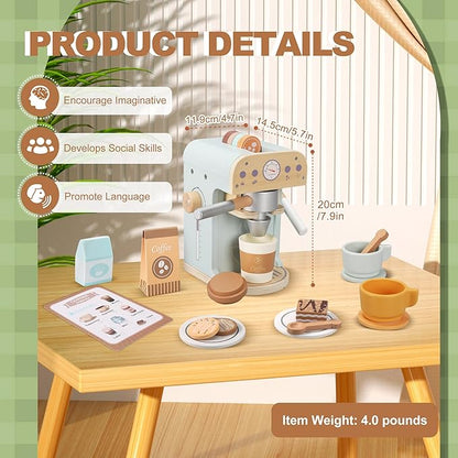 Kids Wooden Coffee Maker Toy, Wooden Play Kitchen Appliances & Accessories Toy for Kids Toddlers, Gift for Girls Boys