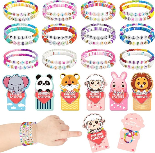 Valentines Day Gifts for Kids Classroom, 24 Pack Valentines Friendship Bracelets for Kids with Valentines Day Gift Cards Classroom Prizes Exchange Gift for Kids School Party Favors