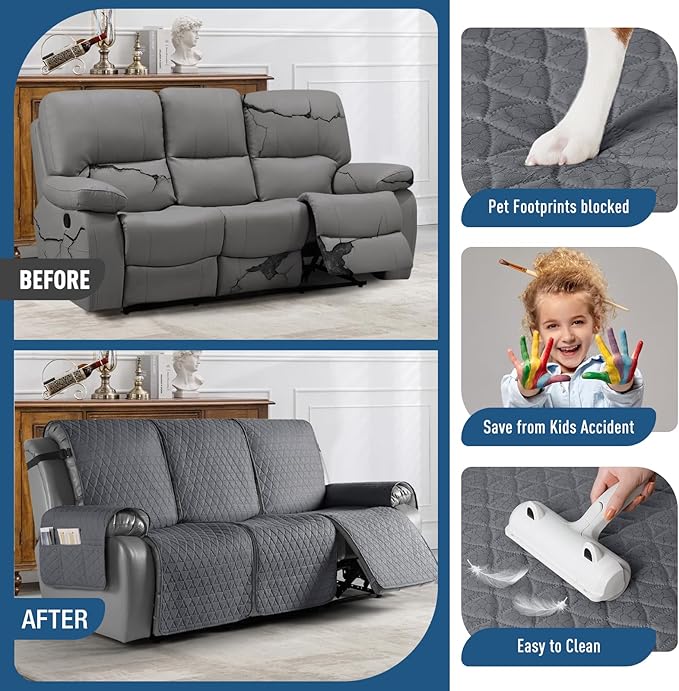 TAOCOCO 100% Waterproof Recliner Sofa Cover-Non Slip Split Couch Covers for Reclining Couches with Elastic Straps,Couch Covers for 3 Cushion Couch Sofa Pet Friendly(Dark Gray, 3 Seater)