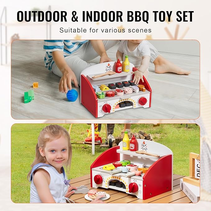 VEVOR Kids BBQ Grill Toy, Wooden Barbecue Kitchen with Realistic Carbon Fire, Wooden Play Food Kitchen Accessory (26 PCS), Indoor/Outdoor Interactive Pretend Play Toys for Boys Girls Ages 3+ Gift