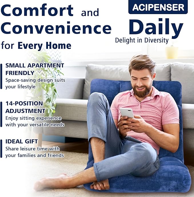 Folding Floor Chair 14-Position Cushioned Adjustable Floor Lazy Sofa Chair w/Breathable Cotton & Skin-Friendly Flannel for Adults & Kids Ideal for Reading Meditating, Navy