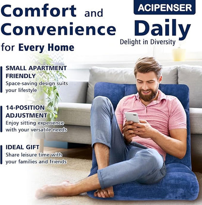 Folding Floor Chair 14-Position Cushioned Adjustable Floor Lazy Sofa Chair w/Breathable Cotton & Skin-Friendly Flannel for Adults & Kids Ideal for Reading Meditating, Navy