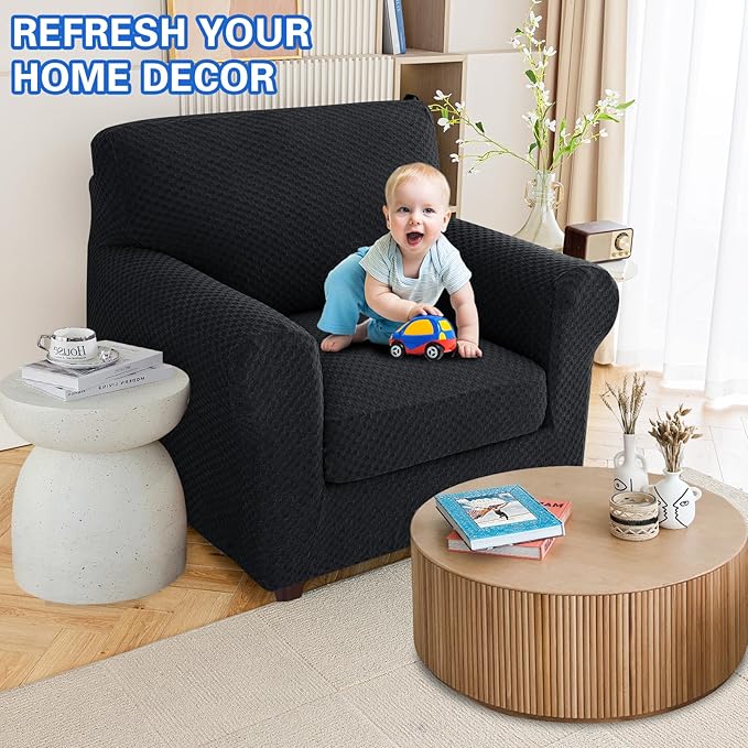 MAXIJIN 2 Piece Jacquard Chair Covers with Arms Super Stretch Non Slip Chair Slipcover for Living Room Dogs Pet Friendly Elastic Sofa Couch Protector Armchair Cover (Chair, Black)