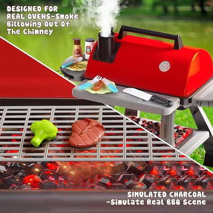 Toddler BBQ Grill Playset - Kitchen Toy Set with Smoke Sound & Light, Toy Grill BBQ Playset for Kids with Pretend Play Food Toys in/Outdoor Interactive Toys BBQ Cooking Game for Girls Boys