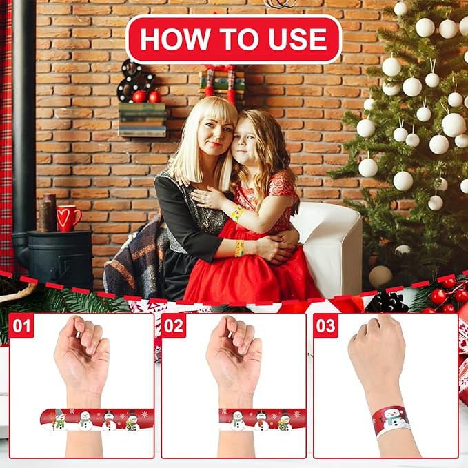 48 Pieces Christmas Slap Bracelets Bulk - 12 Assorted Designs Holiday Snap Bands, Santa Claus, Snowman, Reindeer Themed Party Favors for Kids Adults, Xmas Stocking Stuffers, Classroom Prizes