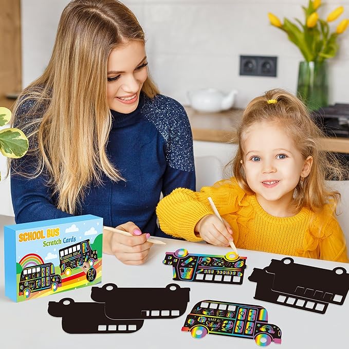 B1ykin School Bus Scratch Cards Gift - Back to School Magic Bus Scratch Paper Art Kit for Kids, DIY First Day of School Scratch Off Hanging Card Party Favors for Classroom Activity Art Project