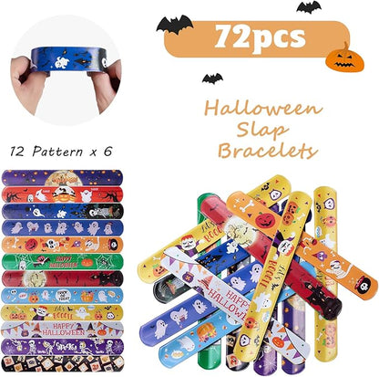 Halloween Bracelets for Kids, 72 PCS Halloween Slap Bracelets Bulk, Halloween Party Favors Toys for Kids, 12 Different Design Bracelets Bulk for Party Favors and Supplies, Halloween Treat Bags Gifts