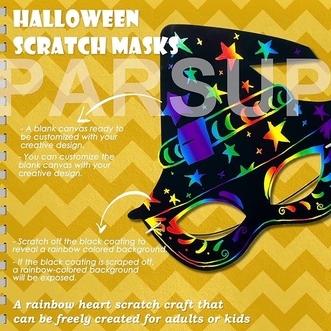 36PCS Halloween Scratch Masks, DIY Rainbow Scratch Paper Mask Art Craft Kit with Bamboo Stylus & Elastic Bands for Magic Scratch Party Favors, Birthday Gifts Pack, Halloween Party for kids