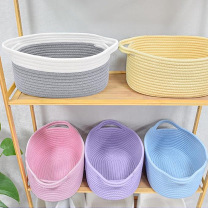 ABenkle Small Basket with Handles, Boho Decorative Rope Woven Dog Cat Toy Storage Bin Shelf Storage Organizer, Easter Christmas Gift Basket, 12"x8"x5", Grey