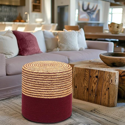 COTTON CRAFT Braided Pouf – Cylindrical Jute Cotton Ottoman Boho Foot Stool - Bedroom Dorm Family Room Accent Seating – Rustic Decorative Round Pouf – 15 Dia x 16 Height - Natural Burgundy