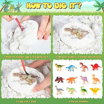 Dino Eggs Dig Kit, 12 Pack Dinosaur Eggs Excavation Set, Easter Gift Dinosaur Toys Science Experiments Kits with 12 Cards, Easter Basket Stuffers Toys for 3 4 5 6 7 8 9 10 11 Year Old Boys Girl