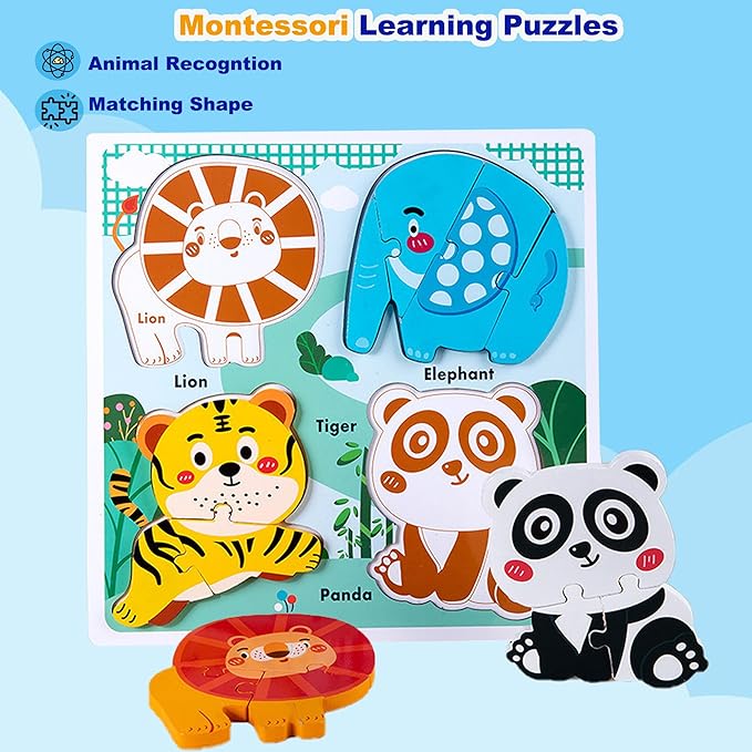 Safari Animal Toddler Puzzles Ages 1-3, Wooden Puzzles for Toddlers 2-4, Fun Educational Toys for 18-36 Months Baby,Crafted Wood Birthday Gifts for 24+ Month Little Girls Boys
