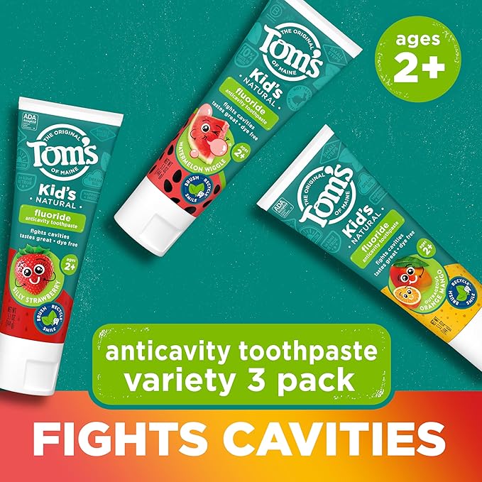 Tom’s of Maine Anticavity Kids Natural Toothpaste Variety Pack, Strawberry, Orange Mango, Watermelon Flavors, Kids Toothpaste with Fluoride, Safe for Ages 2 and Up, 5.1 oz (Pack of 3)