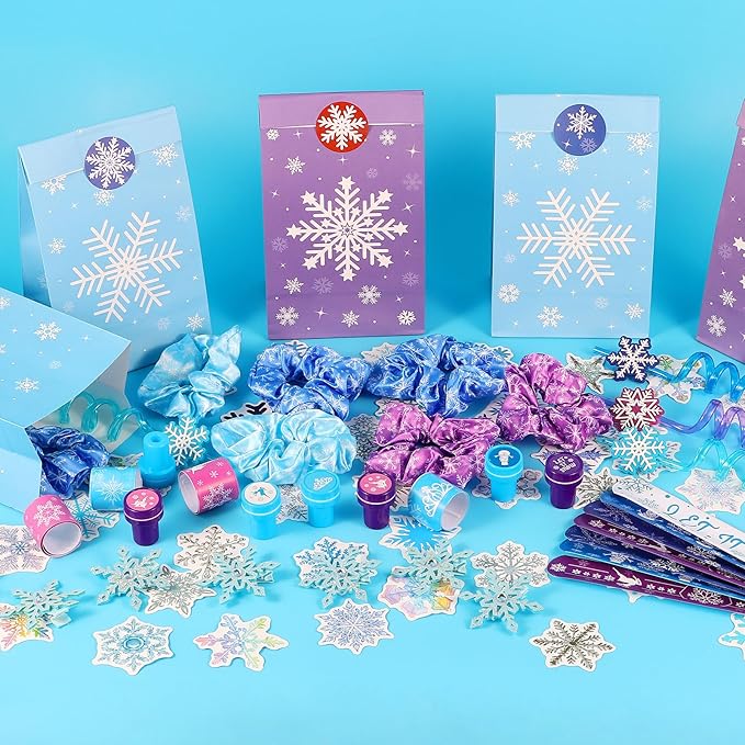 LiYiQ 122Pcs Winter Snow Themed Party Favors with Drinking Straws Slap Bracelets Stamps Stickers Hair Clip Hair Scrunchies Gift Bags for Kids Girls Snowflake Party Favors Baby Shower Party Supplies