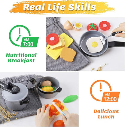 iPlay, iLearn Kids Kitchen Toy Accessories, Toddler Cooking Playset, Pretend Pots Pans Set, Girls Cookware Appliance, Child Cutting Food Utensils, Valentine's Easter Gift for 3 4 5 Years Old Boys-Gray