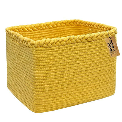 COMFY-HOMI Square Woven Cotton Rope Basket for Organizing, Gift Baskets for Handles, Empty Gift Baskets, Toy Basket for bins|13.5" x 11" x 9.5" home decor for Living Room, Bathroom