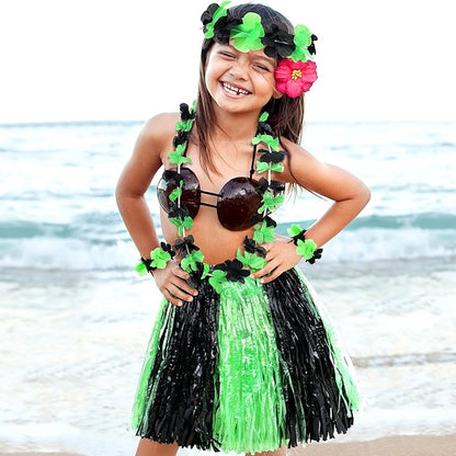 Fortuning's JDS Hawaiian Hula Grass Skirt for Girls Elastic Flower Costume Kids Outfits for Luau Tropical Beach Party Decor