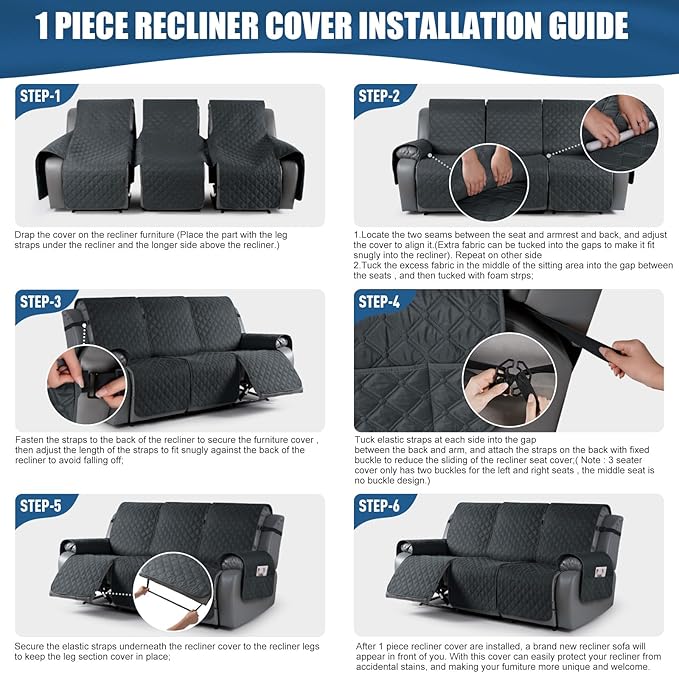TAOCOCO 100% Waterproof Recliner Covers, Recliner Sofa Covers with Leg Straps, Reversible Recliner Couch Cover for Reclining Chair, Washable Couch Protector for Pets Kids(3 Seater, Dark Gray)