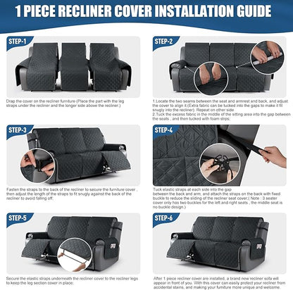 TAOCOCO 100% Waterproof Recliner Covers, Recliner Sofa Covers with Leg Straps, Reversible Recliner Couch Cover for Reclining Chair, Washable Couch Protector for Pets Kids(3 Seater, Dark Gray)