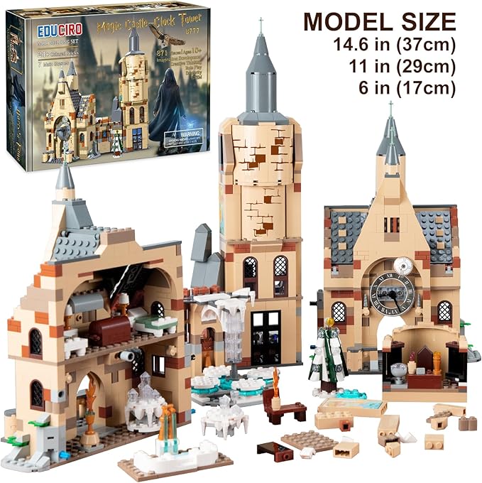 Harry Castle Clock Tower Building Toy Set with Dumbledore Office Building, Magic Castle Architecture Model for Boys and Girls, Gift Ideas for Potter Fans Kids Aged 8-14 (871 PCS).