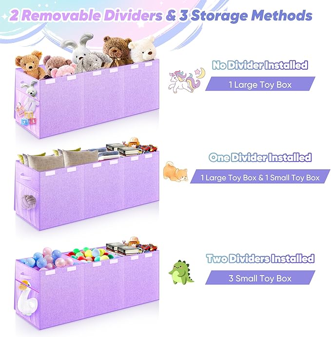 Mabahoo Extra Large Toy Box, Toy Chest for Kids Boys Girls, Collapsible Sturdy Storage Organizer with Mesh Pockets, 40"x14"x16" Kids Box Bins Baskets for Nursery, Playroom, Purple