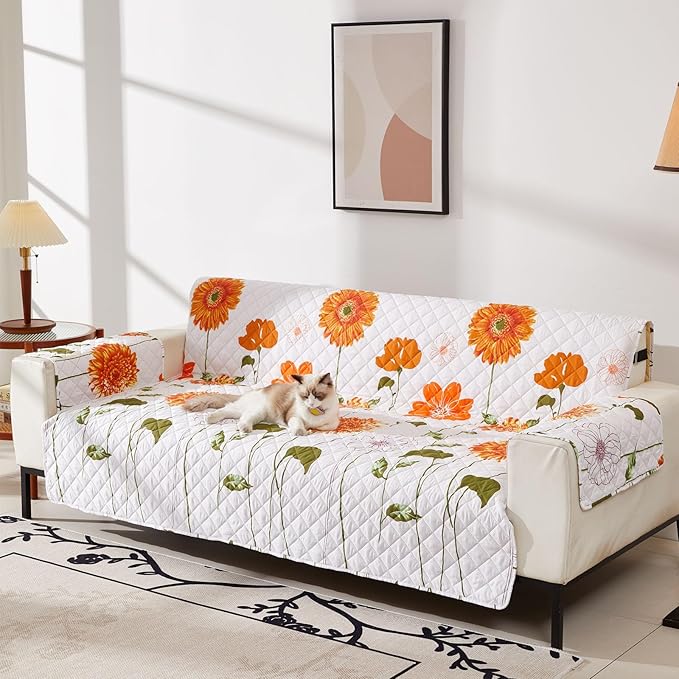 EVENHUG Sofa Cover for 3 Cushion Couch Sunflower Sofa Slipcover Washable 3 seat Couch Cover Furniture Protector Cover with Elastic Straps for Pets Kids Dog Cat (Sofa,Orange)