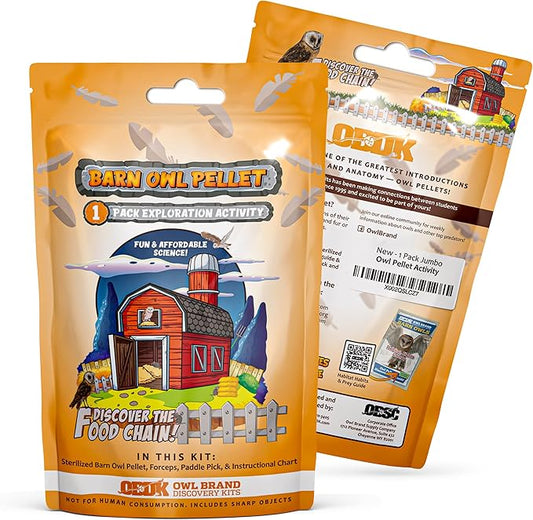OBDK Barn Owl Pellets for Dissection - 1 Pack Jumbo Sized (2.0"-Larger) with Tools, Guide and Charts from Owl Brand Discovery Kits