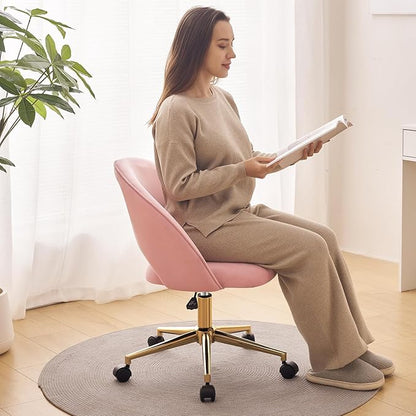 Furniliving Pink Vanity Chair, Cute Desk Chairs for Girls with Back, Rolling Upholstered Accent Chair for Living Room/Makeup Room/Bedroom, Pink