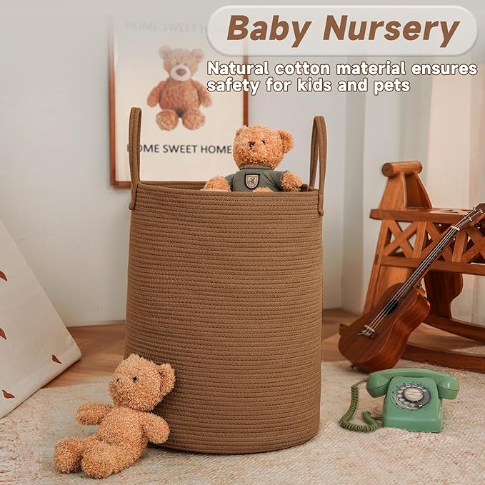 JMvicyroam Large Woven Laundry Basket Hamper,100L Cotton Rope Storage Bin for Blankets,Toys and Clothes,Decorative Tall Nursery Hamper for Living Room,Baby Nursery,Bathroom and Bedroom,Golden Jute