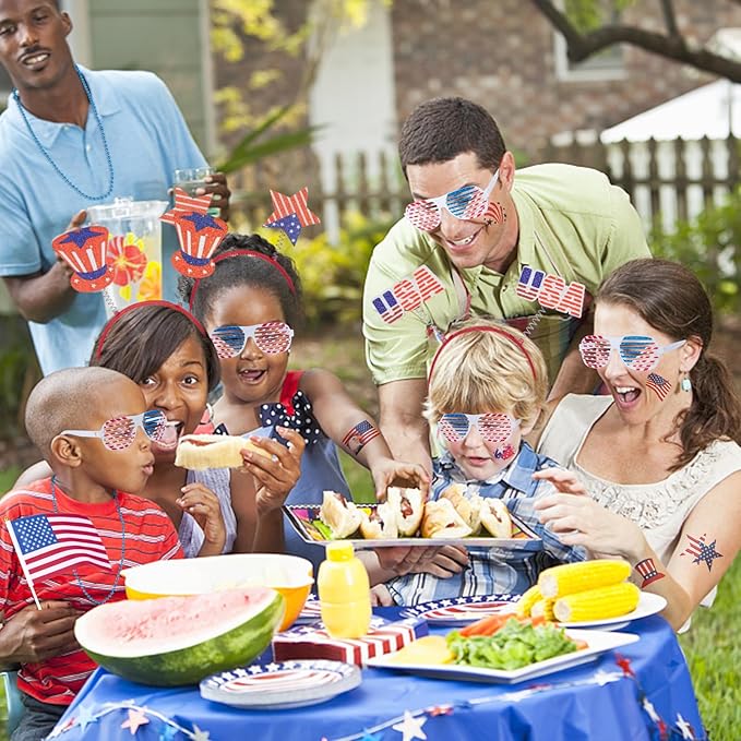 65-Piece 4th of July Party Supplies Set - Patriotic Headbands, Necklace, Shutter Shades, Flags, Tattoo Stickers