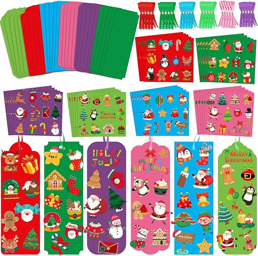 JUNEBRUSHS 30 Sets Christmas Craft Kits, DIY Christmas Bookmarks Craft with Assorted Snowman Santa Gingerbread Stickers Christmas Ornament Crafts Classroom Activities Party Favors