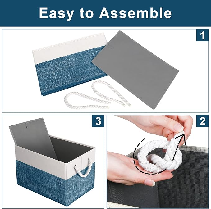 Fab totes Storage Bins [4-Pack], Foldable Storage Baskets for Organizing Toys, Books, Shelves, Closet, Large Storage Box with Rope Handles, Sturdy Organizer Bins, White & Blue